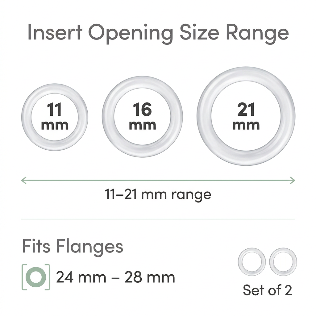 Silicone flange sizing inserts size range chart — 11 to 21 mm inserts fit 24 to 28 mm flanges, set of 2